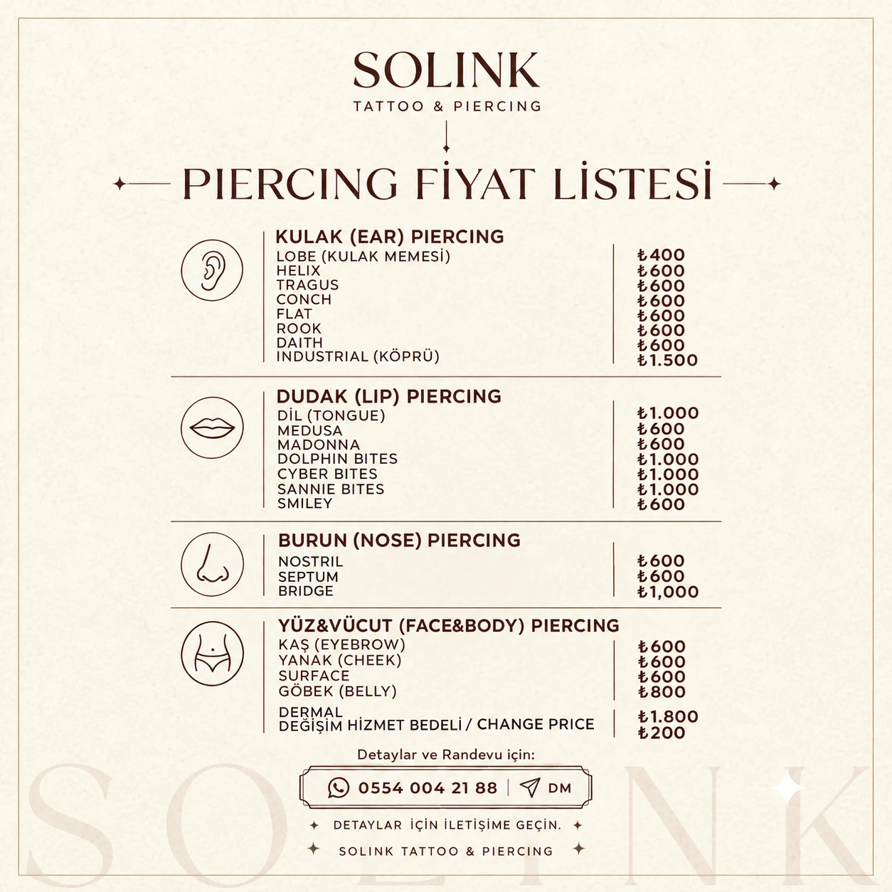 SOLINK Piercing Fiyat Listesi